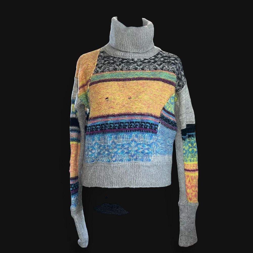Free People Women's Gray Multicolored Wool Blend Turtleneck Sweater Flaw